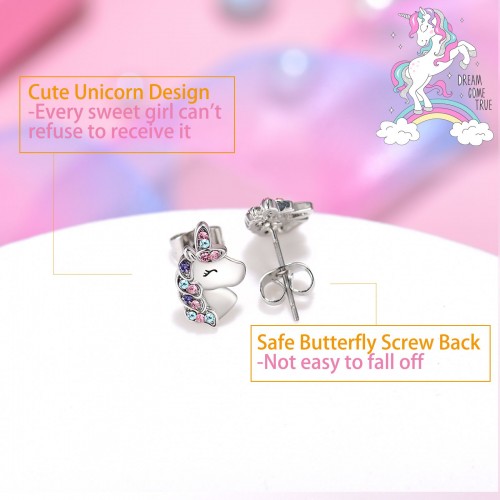 Jinyi Silver Unicorn Earrings Bracelet Necklace Ringfor Girls Hypoallergenic  Cute Cz Unicorn Stud Earrings Jewelry(4pcs, Silver+red+purple+green)